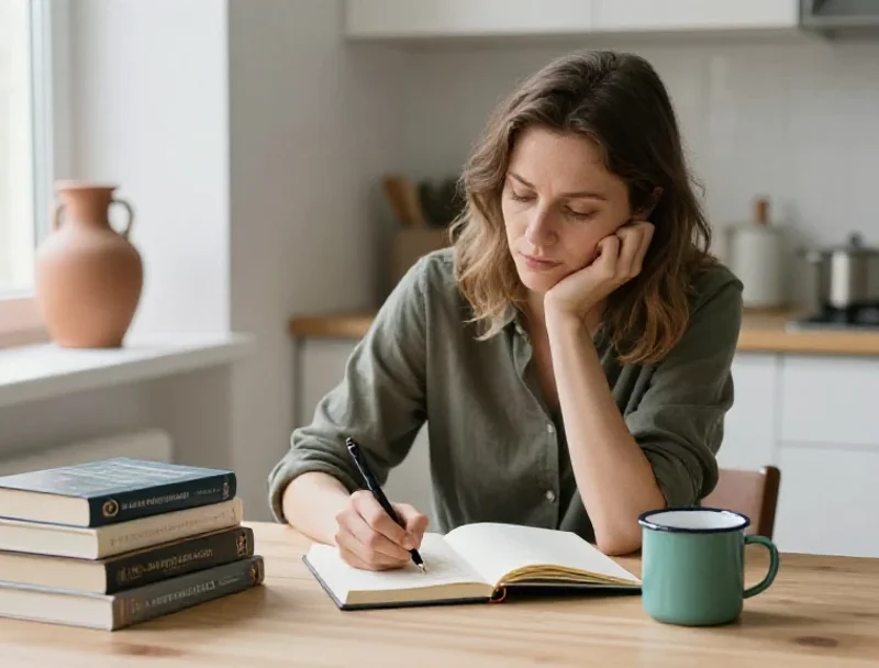 Une femme réfléchit et prend des notes pour décrypter les sujets complexes du quotidien.